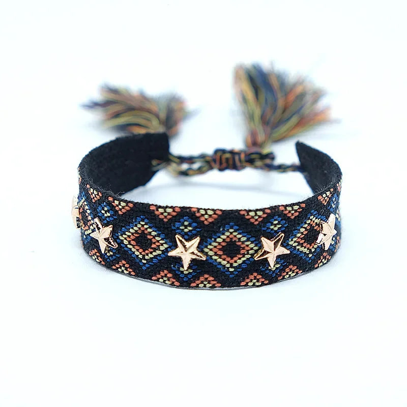 Bohemia Personality Handmade Woven Tassel Bracelet For Women Alloy Gold Color Star Rivet Wrist Starp Bracelet Fashion Jewelry