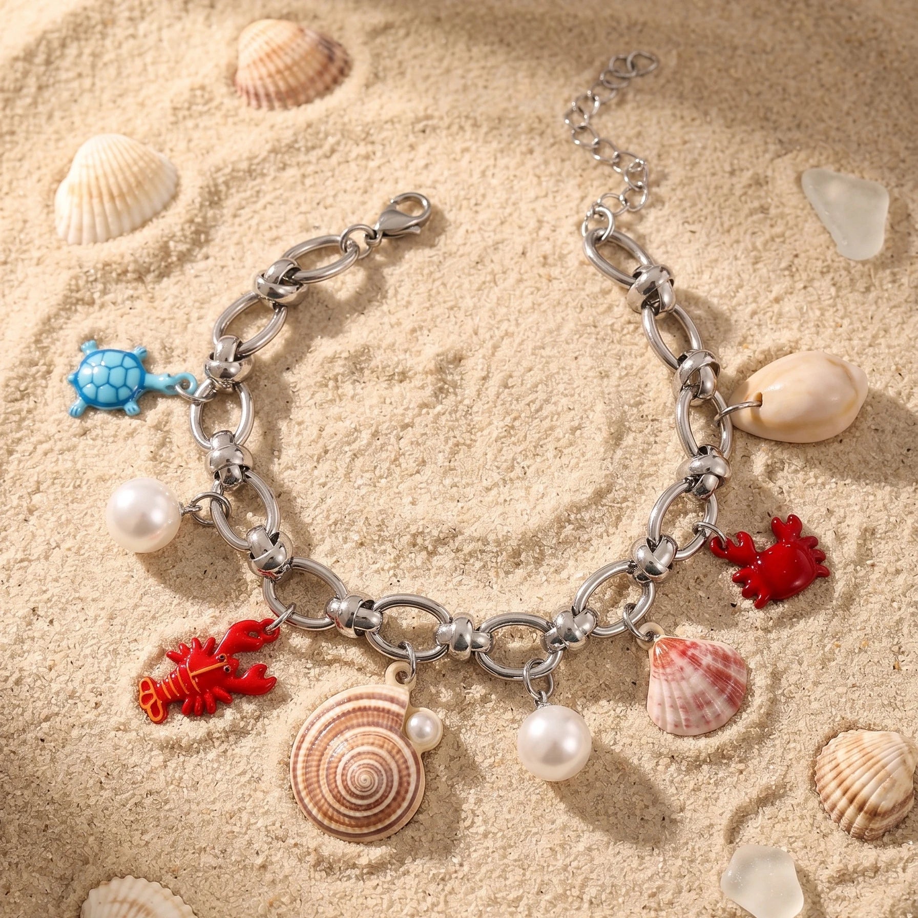 Beach Theme Bracelet for Women Multi Sea Animal Shell Pearl Charms Adjustable Extension Chain Stainless Steel Jewelry Gift