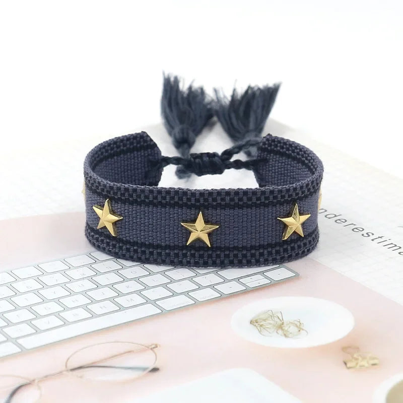Bohemia Personality Handmade Woven Tassel Bracelet For Women Alloy Gold Color Star Rivet Wrist Starp Bracelet Fashion Jewelry