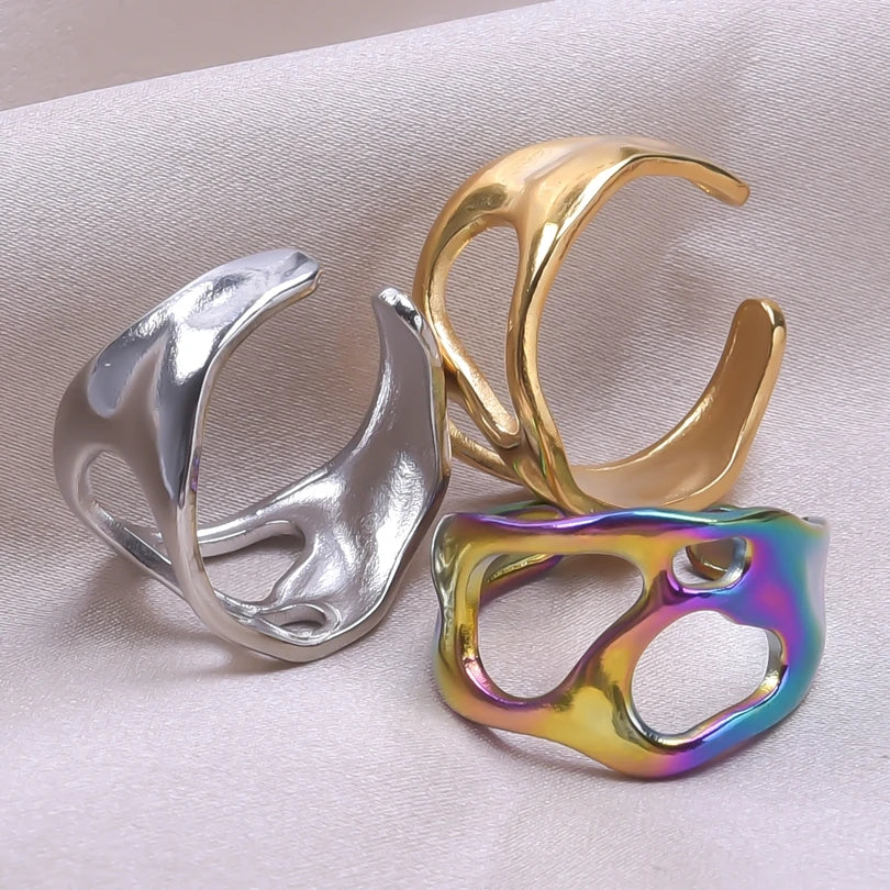 1Pc No Fade Goth Geometric Textured Chunky Heart Open Rings Punk Irregular Cabochon Conch Shell Stackable Women Anillos Jewelry
