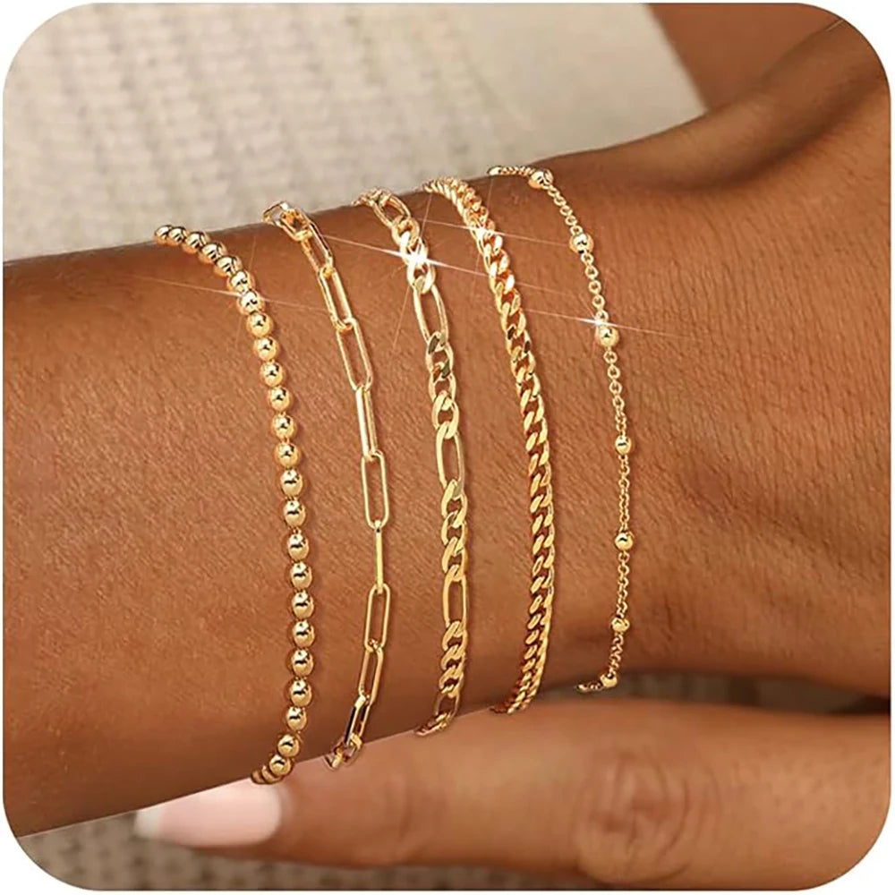 14K Gold Plated Bracelet Set for Women, Dainty Stackable Paperclip & Beaded Chains, Trendy & Waterproof Gift