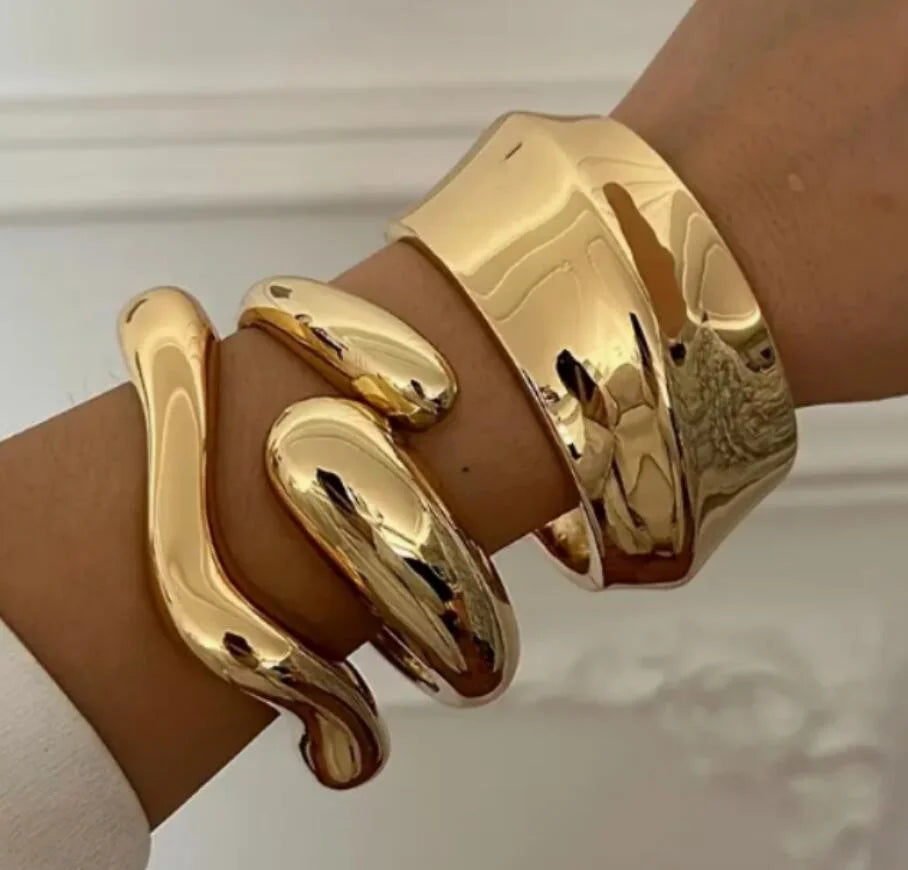 3 Pcs Vintage Hip Hop Cuff Bangles for Women Punk Gold Color Twisted Wavy Geometric Stackable Bangles Bracelet Men Party Jewelry