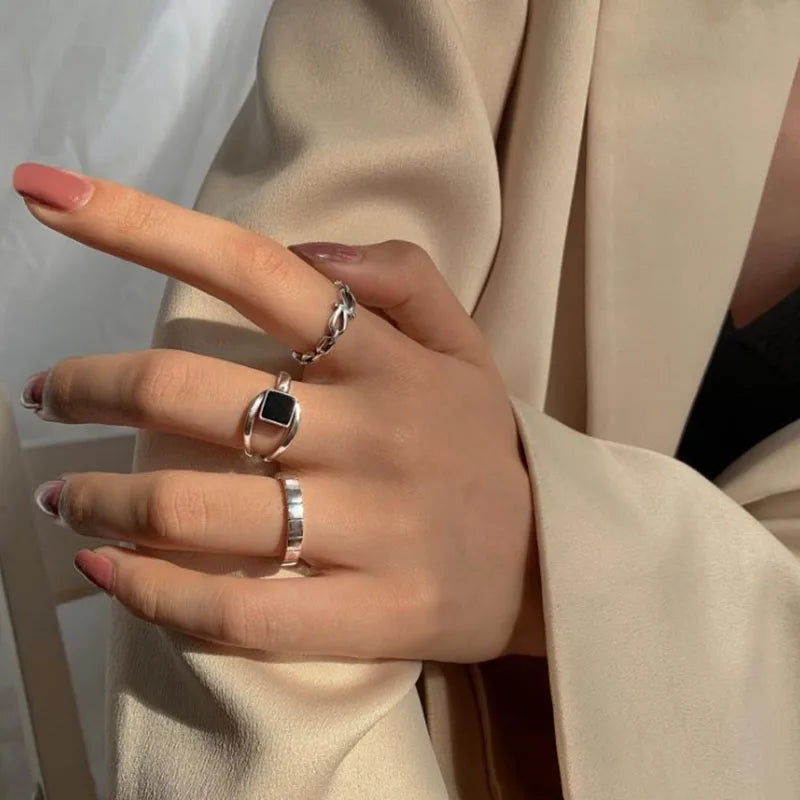 925 Sterling Silver Rings For Women New Black Stone Stackable Adjustable Ring Engagement Birthday Party Jewelry Gift