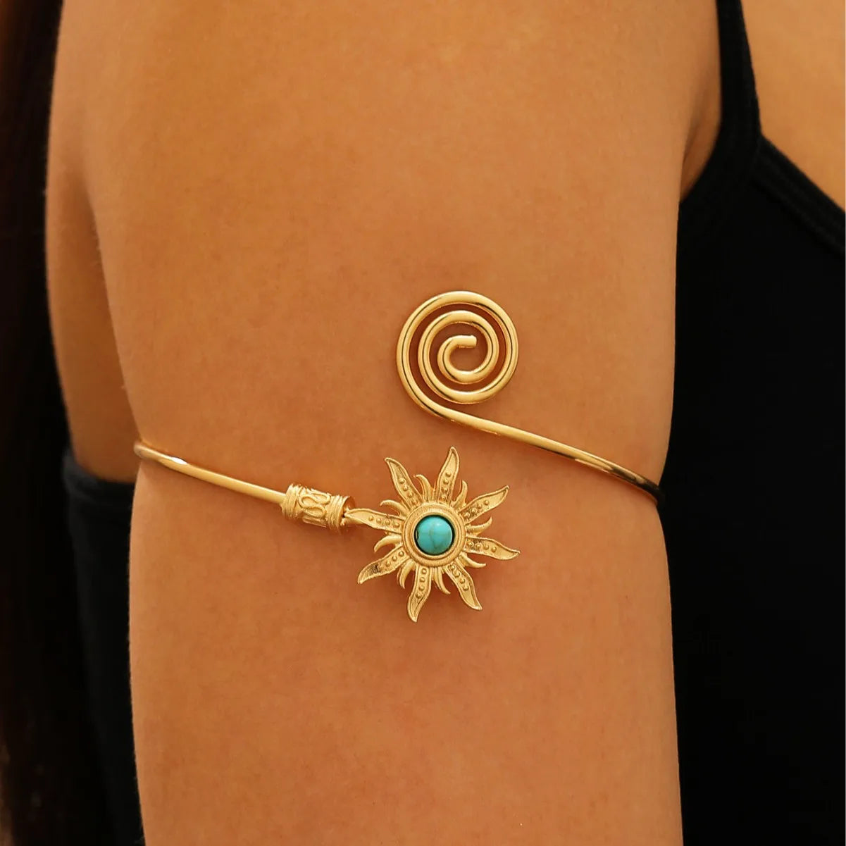 Simple Alloy Arm Cuff Sun Turquoise Cuff Bangle for Women Wrist Accessory Twist Line Wide Open Arm Cuff Women