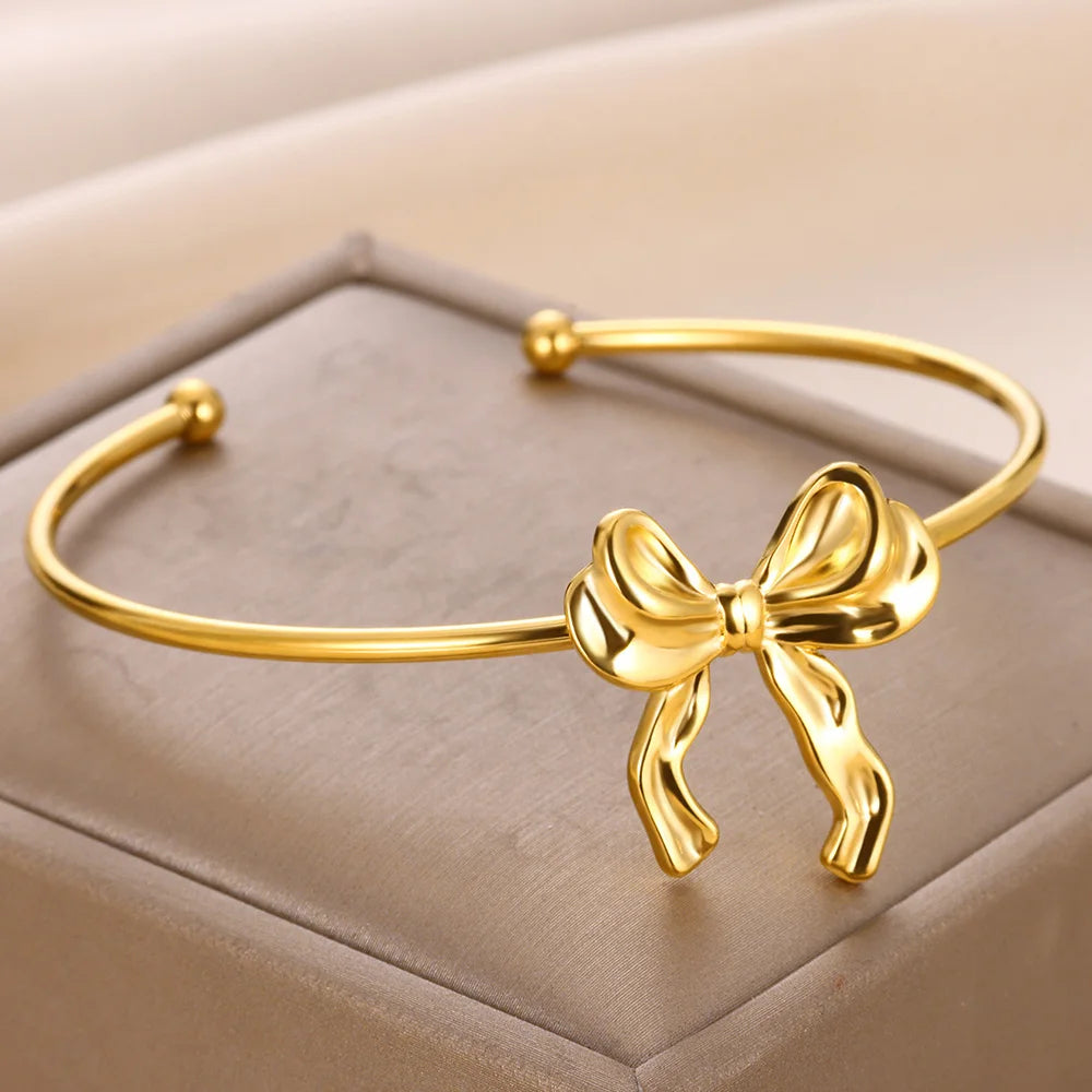 Trendy Bow Tie Cuff Open Bracelet For Women Girls Stainless Steel High Quality Pulseras Gold Color Bangle Jewelry Best Gift