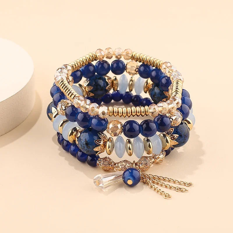 4Pcs Bohemian Stackable Beaded Bracelets Set For Women Multilayered Glass Beads Stretch Chain Charm Bracelet Men Fashion Jewelry
