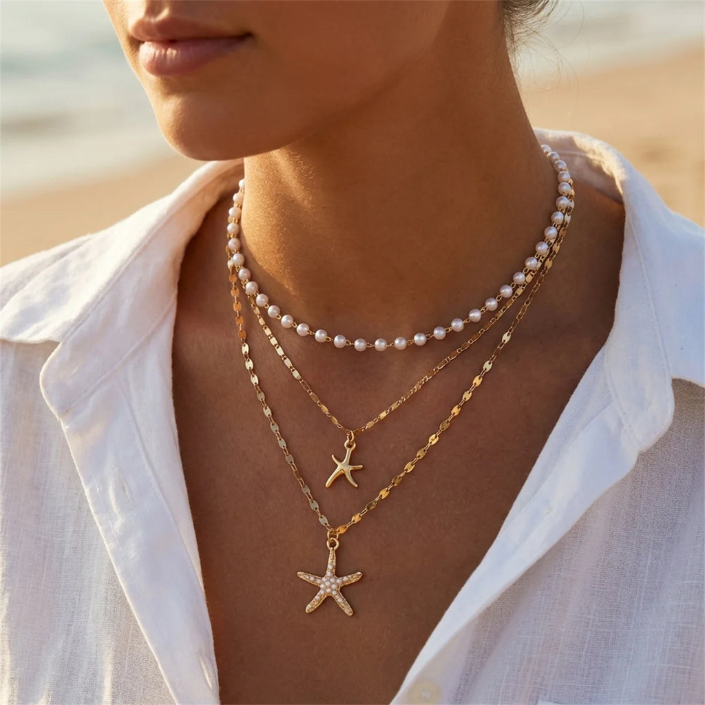 Bohemian Starfish Shell Pendant Necklace For Women Trendy Summer Beach Pearl Chain OT Buckle Choker Travel Party Jewelry