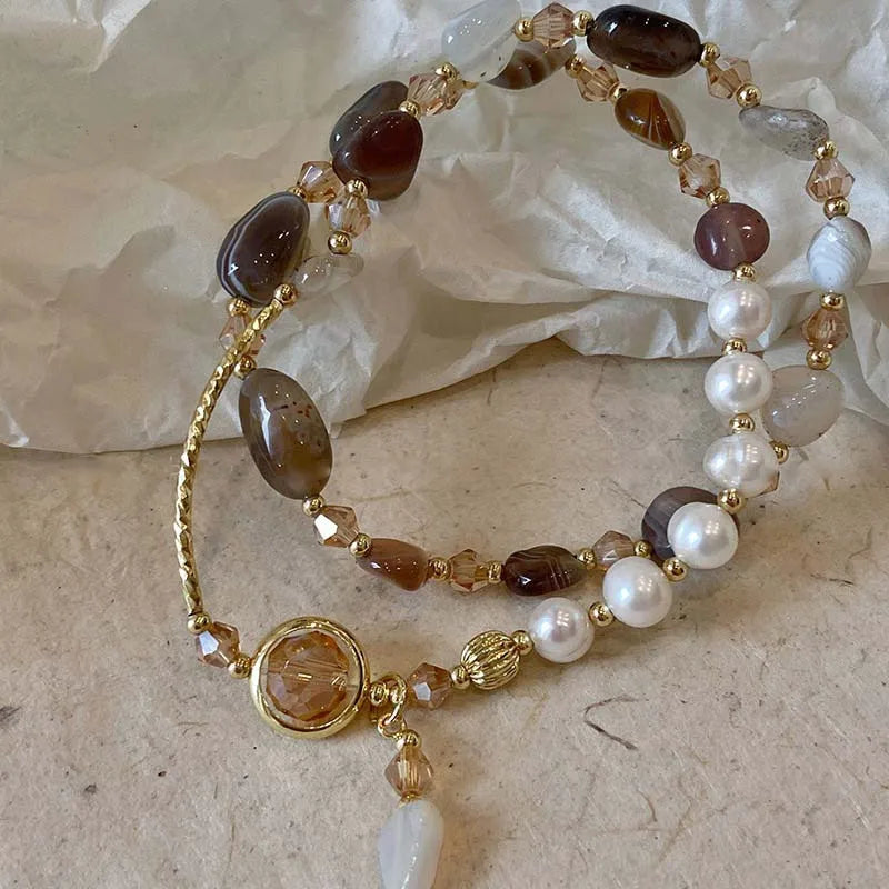 Fashion Double Layered Crystal Pearl Splicing Beaded Bracelets for Women Ethnic Crystal Beads Wrap Bracelet Bangle Jewelry Gifts