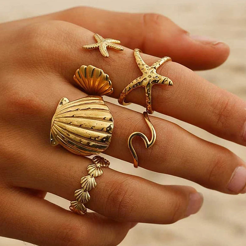Stainless Steel Shell Starfish Open Ring Set for Women Exquisite Exaggeration 5Pcs Adjustable Rings Retro Stackable Jewelry Gift
