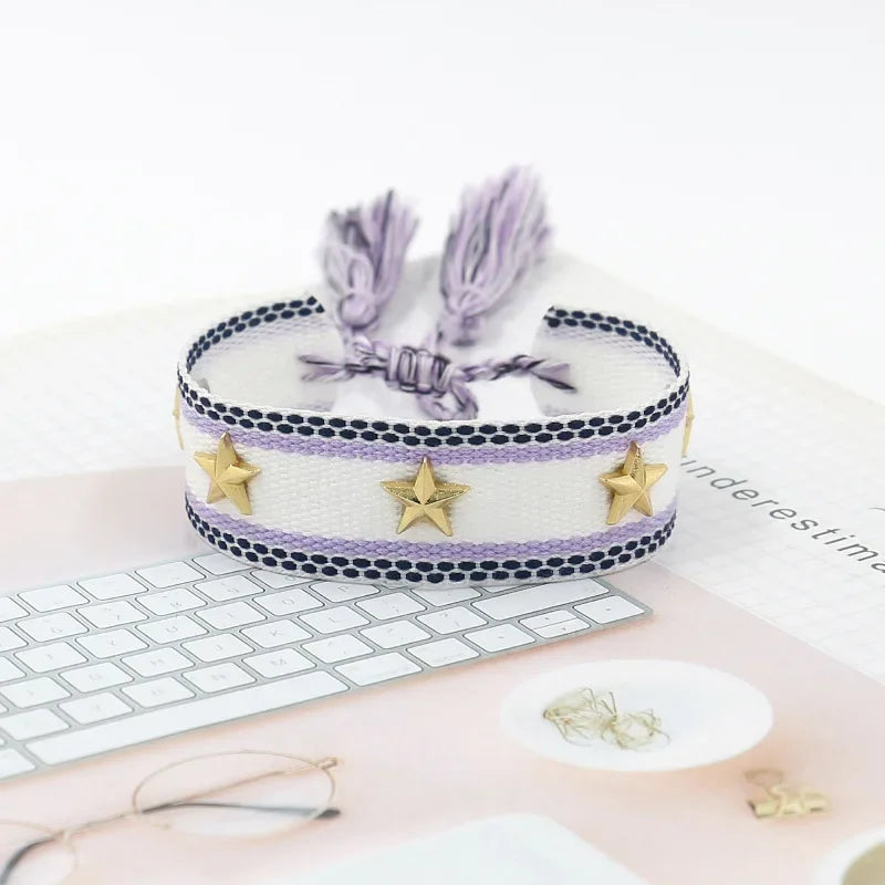 Bohemia Personality Handmade Woven Tassel Bracelet For Women Alloy Gold Color Star Rivet Wrist Starp Bracelet Fashion Jewelry