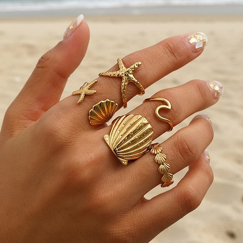 Stainless Steel Shell Starfish Open Ring Set for Women Exquisite Exaggeration 5Pcs Adjustable Rings Retro Stackable Jewelry Gift