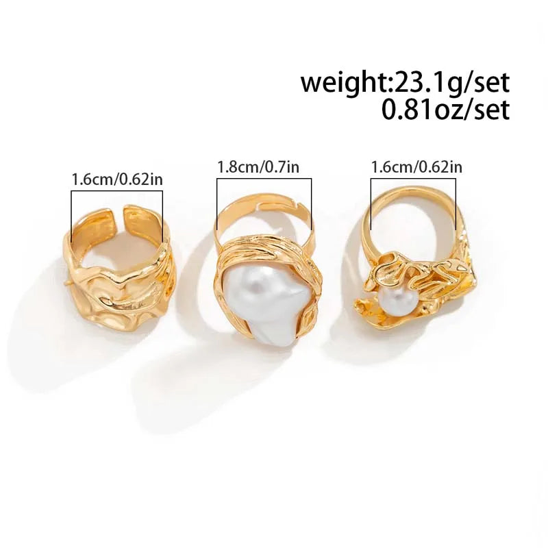 6Pcs/Set Gold Color Imitation Pearl Open Ring for Women Vintage Colorful Flower Crystal Rings Set Engagement Party Jewelry Gifts