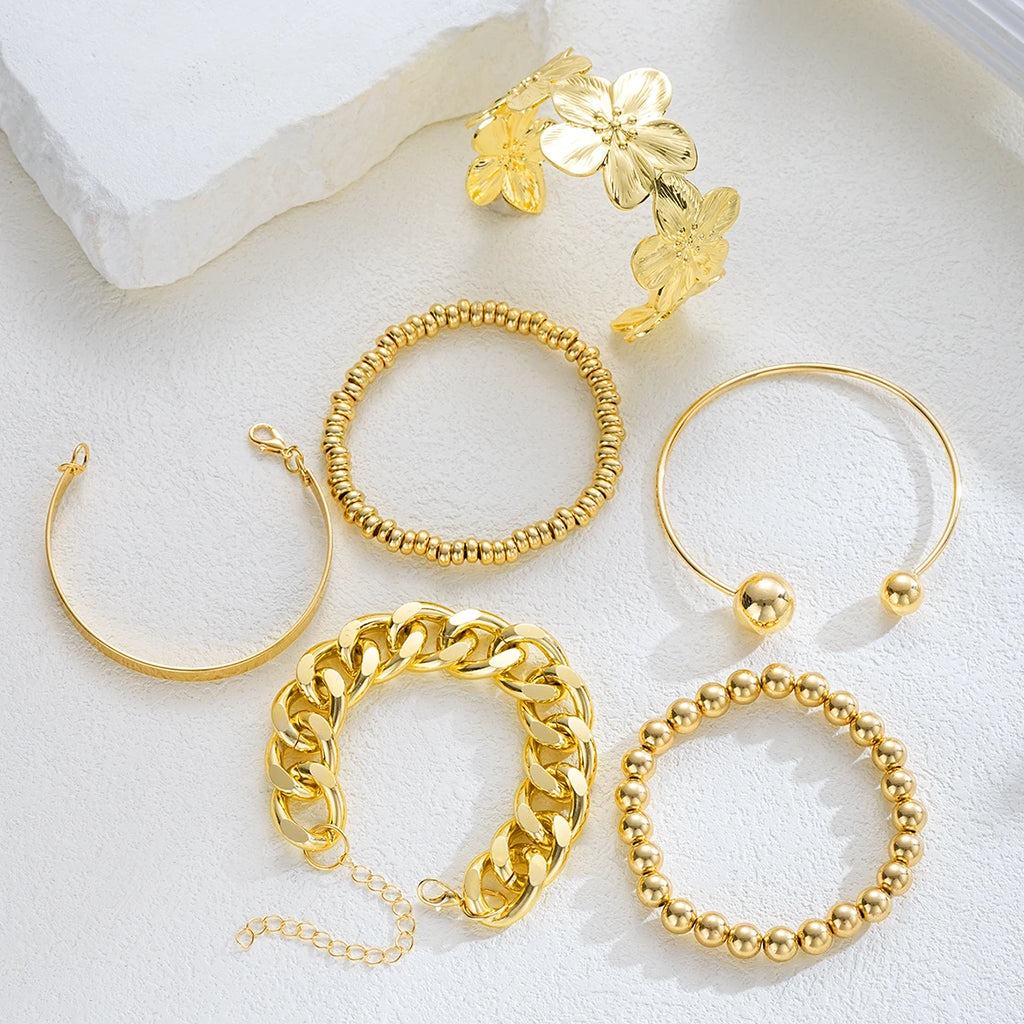 6pcs Vintage Elegant Floral Design Metal Wide Bangle Set for Women Fashion Exaggerated Beaded Open Cuff Bracelet Daily Jewelry