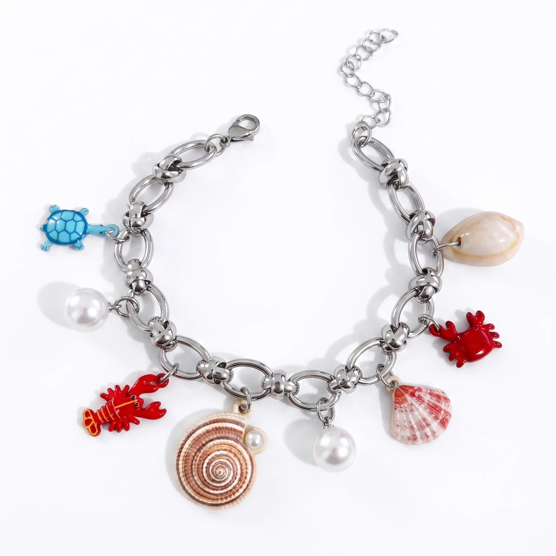 Beach Theme Bracelet for Women Multi Sea Animal Shell Pearl Charms Adjustable Extension Chain Stainless Steel Jewelry Gift