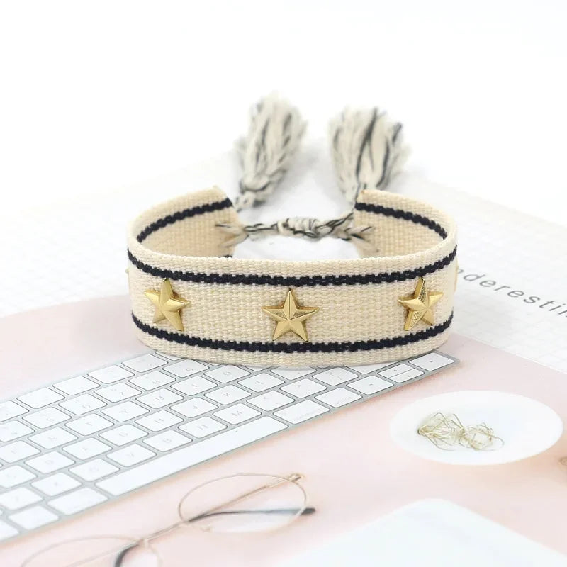 Bohemia Personality Handmade Woven Tassel Bracelet For Women Alloy Gold Color Star Rivet Wrist Starp Bracelet Fashion Jewelry