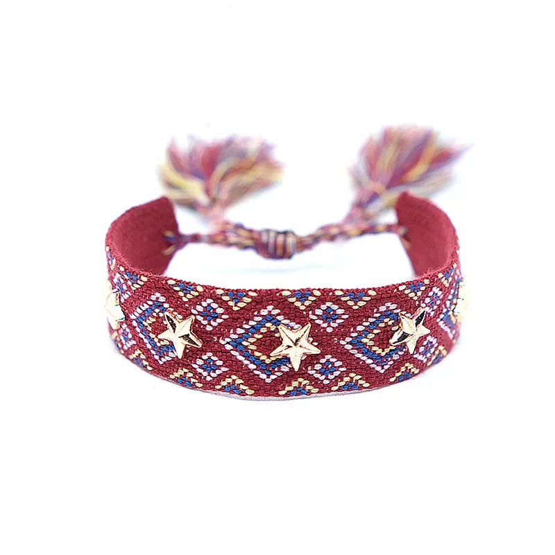 Bohemia Personality Handmade Woven Tassel Bracelet For Women Alloy Gold Color Star Rivet Wrist Starp Bracelet Fashion Jewelry