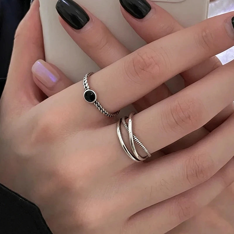 925 Sterling Silver Rings For Women New Black Stone Stackable Adjustable Ring Engagement Birthday Party Jewelry Gift