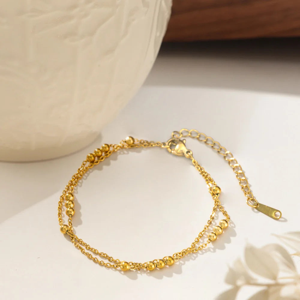 Gold Plated Bracelets Small Round Beads Bracelet, Retro Double Layer Bracelet, Stainless Steel Jewelry for Women Birthday Gift