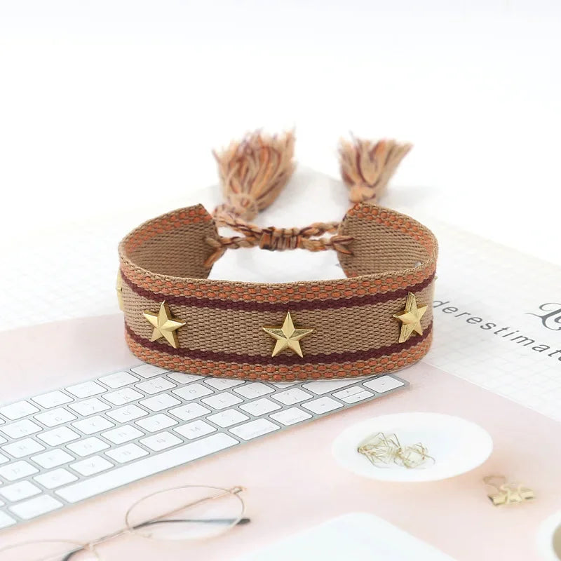 Bohemia Personality Handmade Woven Tassel Bracelet For Women Alloy Gold Color Star Rivet Wrist Starp Bracelet Fashion Jewelry