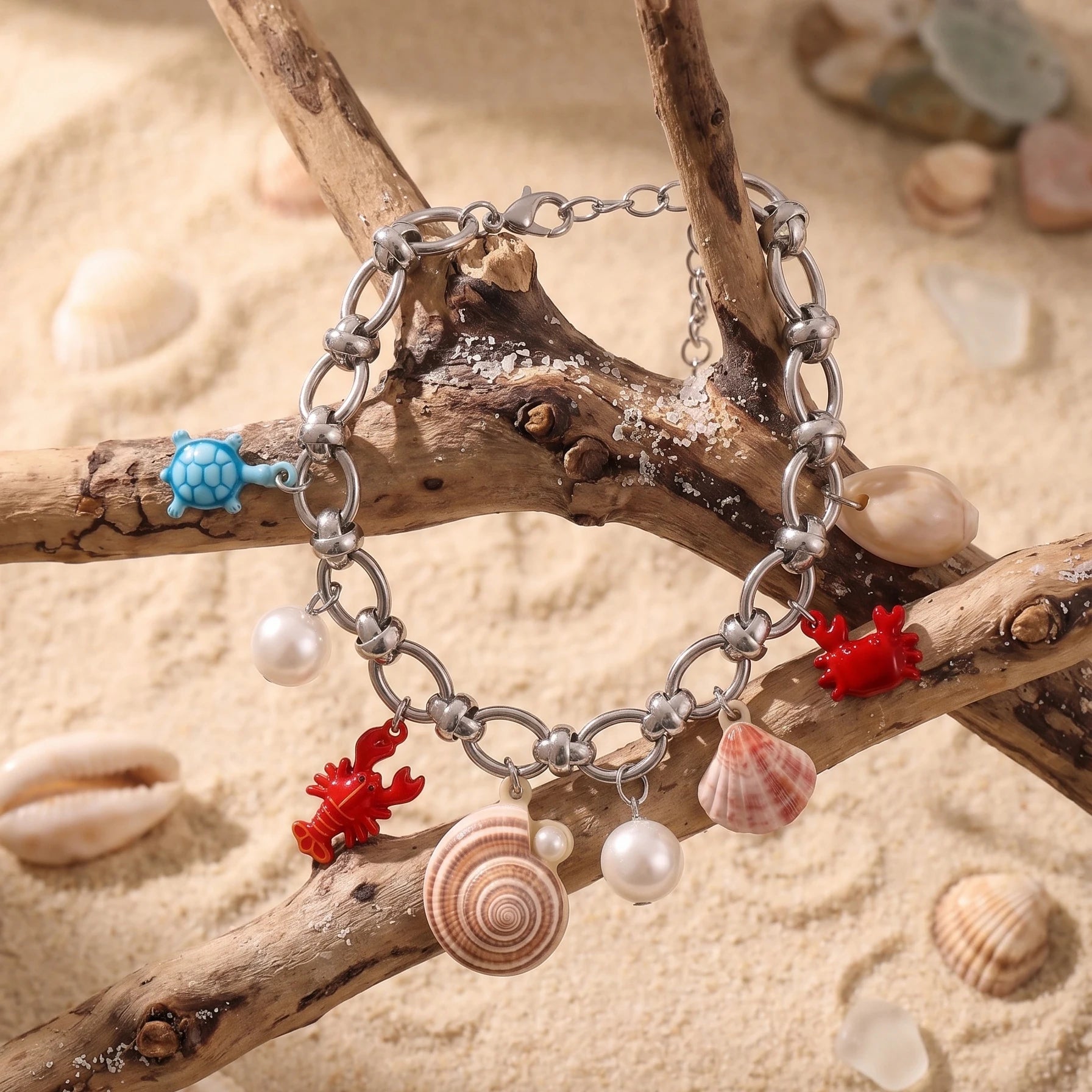 Beach Theme Bracelet for Women Multi Sea Animal Shell Pearl Charms Adjustable Extension Chain Stainless Steel Jewelry Gift