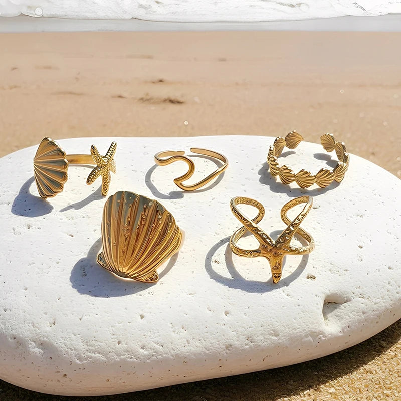 Stainless Steel Shell Starfish Open Ring Set for Women Exquisite Exaggeration 5Pcs Adjustable Rings Retro Stackable Jewelry Gift