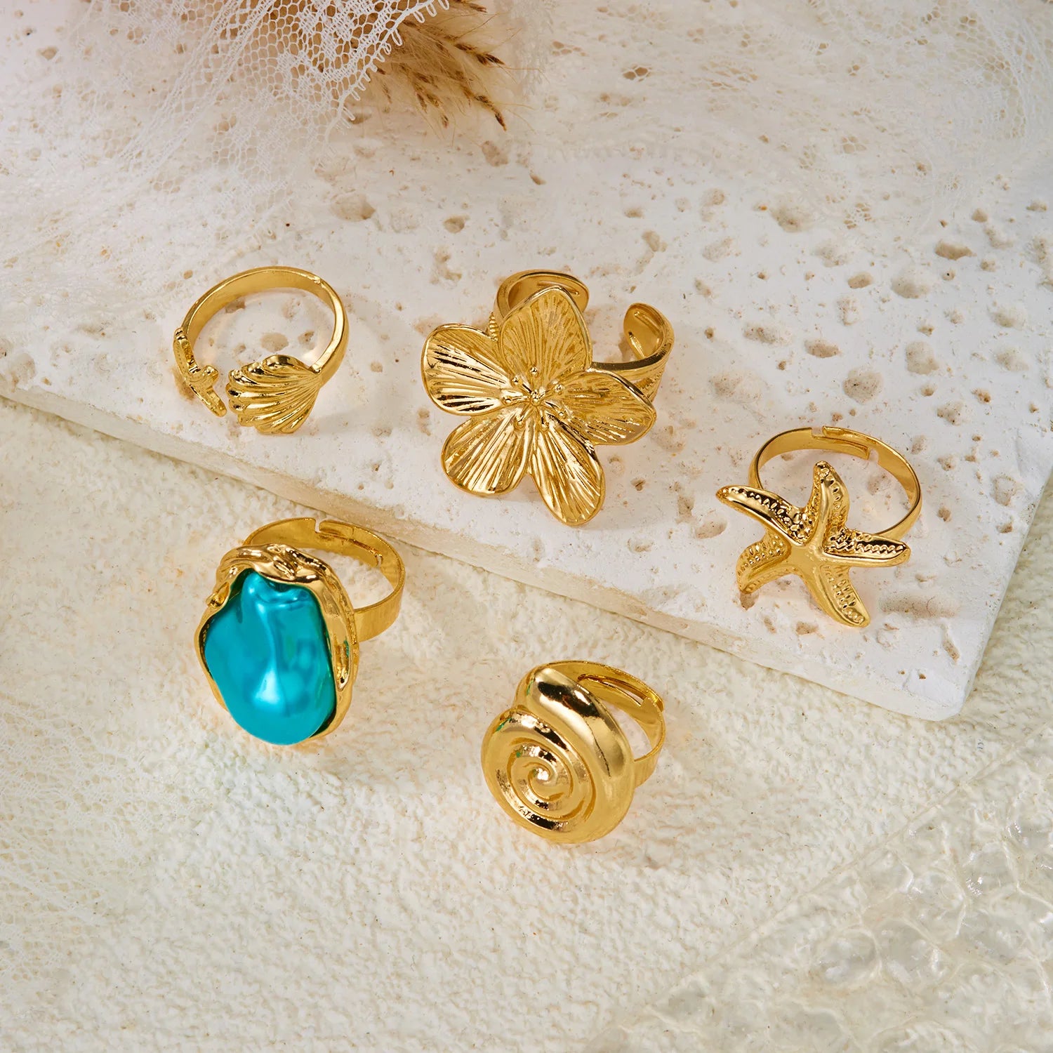 5Pcs Starfish Shell Ring Set For Women Irregular Baroque Imitation Pearl Metal Flower Stacking Finger Ring Beach Party Jewelry