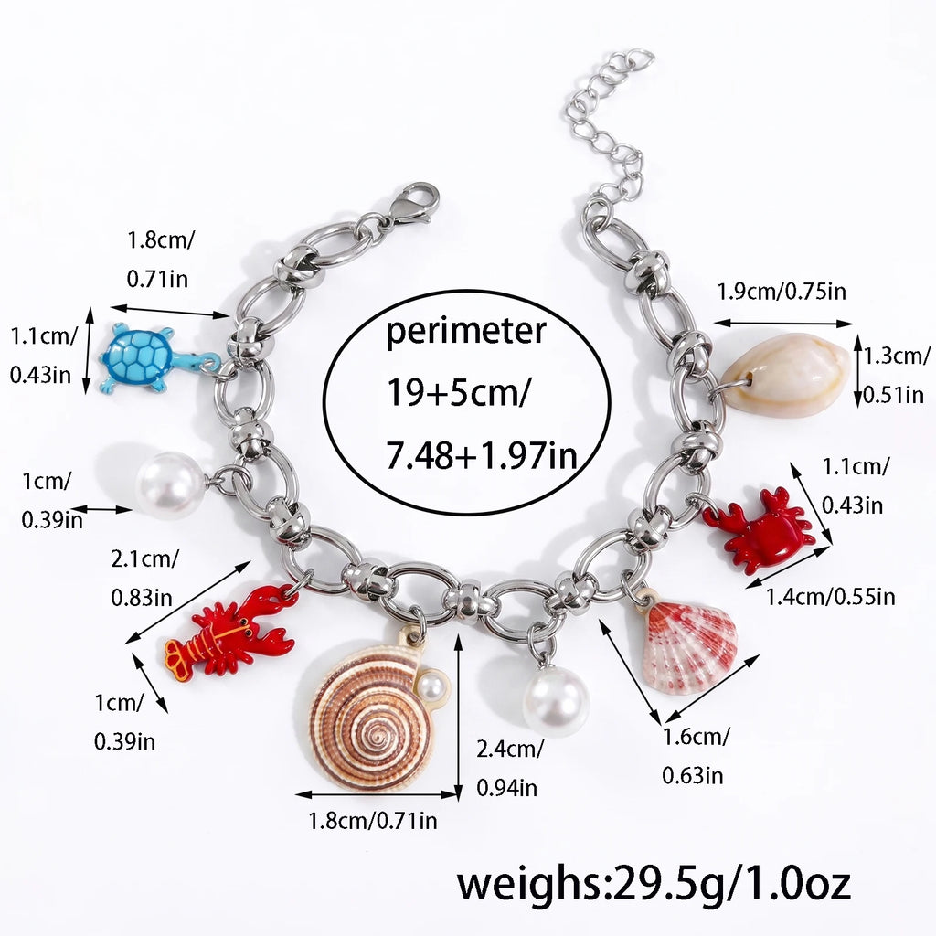 Beach Theme Bracelet for Women Multi Sea Animal Shell Pearl Charms Adjustable Extension Chain Stainless Steel Jewelry Gift