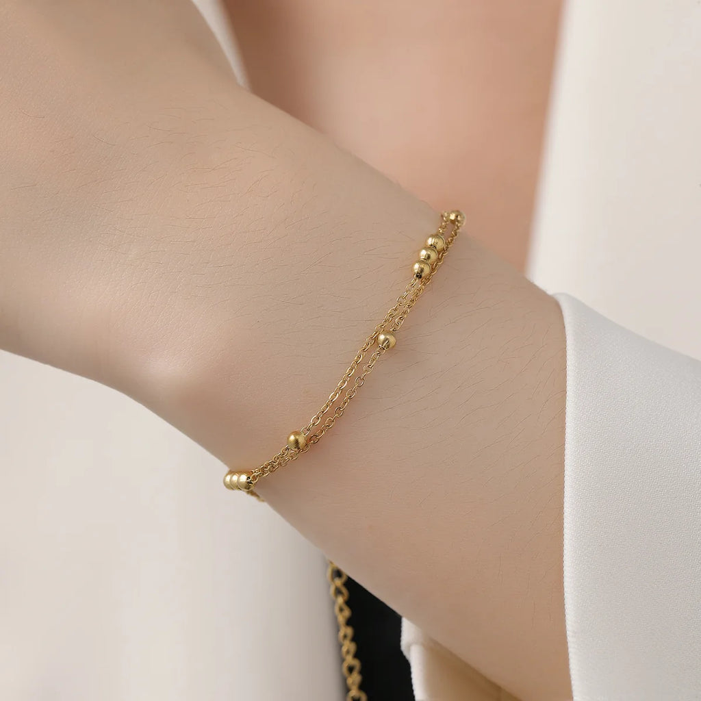 Gold Plated Bracelets Small Round Beads Bracelet, Retro Double Layer Bracelet, Stainless Steel Jewelry for Women Birthday Gift