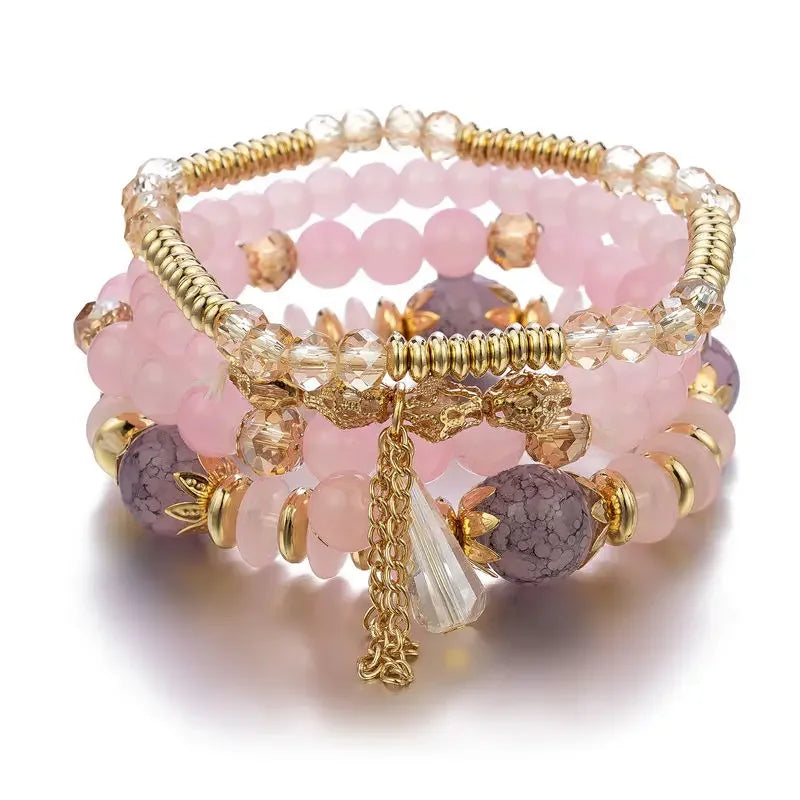 4Pcs Bohemian Stackable Beaded Bracelets Set For Women Multilayered Glass Beads Stretch Chain Charm Bracelet Men Fashion Jewelry