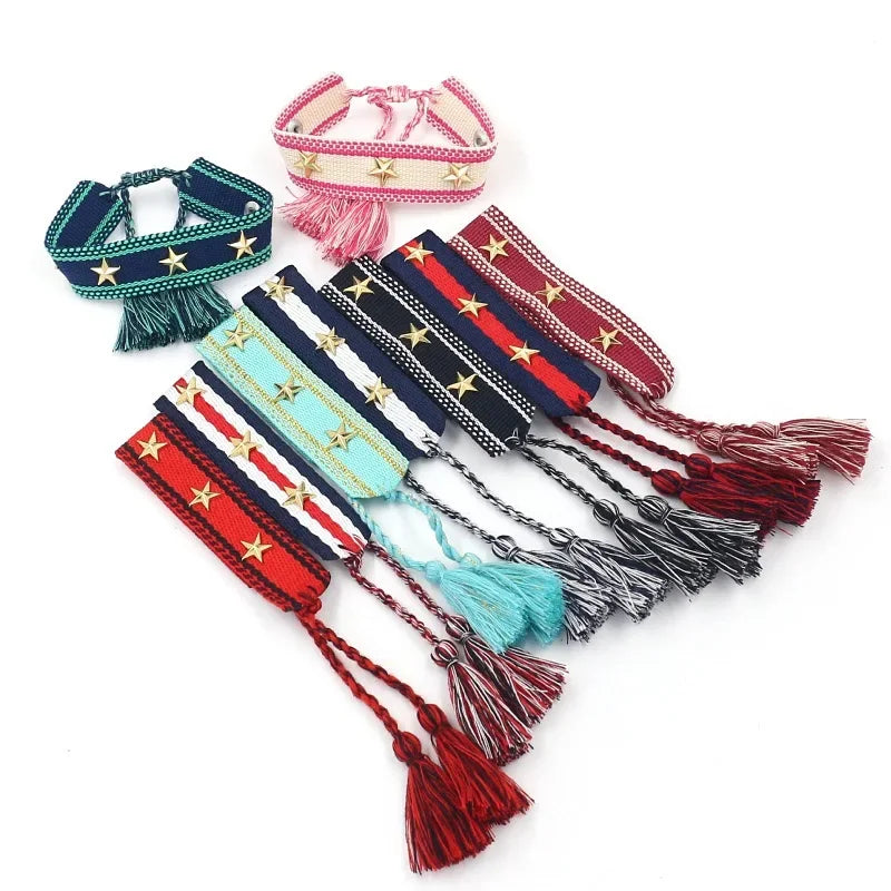 Bohemia Personality Handmade Woven Tassel Bracelet For Women Alloy Gold Color Star Rivet Wrist Starp Bracelet Fashion Jewelry