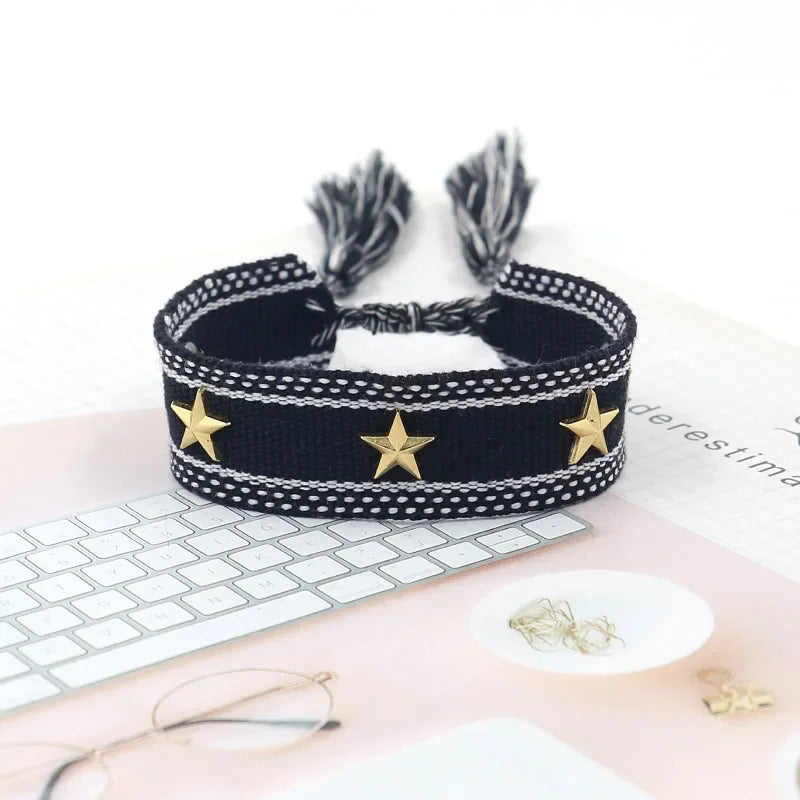Bohemia Personality Handmade Woven Tassel Bracelet For Women Alloy Gold Color Star Rivet Wrist Starp Bracelet Fashion Jewelry