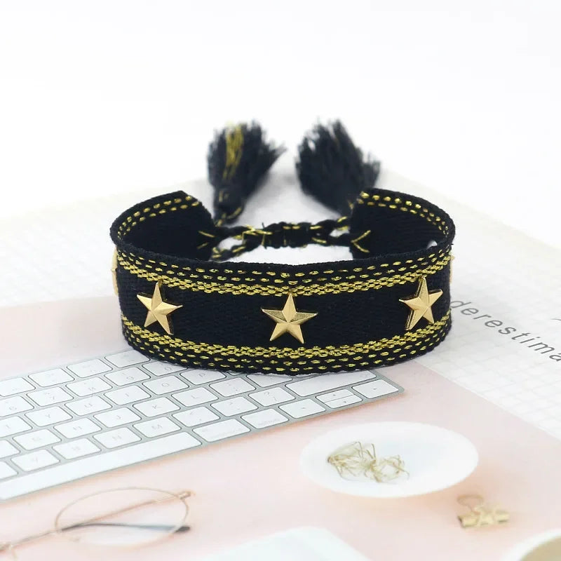 Bohemia Personality Handmade Woven Tassel Bracelet For Women Alloy Gold Color Star Rivet Wrist Starp Bracelet Fashion Jewelry