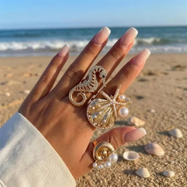 Summer Bohemian Star Shell Nautilus Ring Set Women's Layered Fashion Personality Combination Finger Ring Hand Accessory Gift