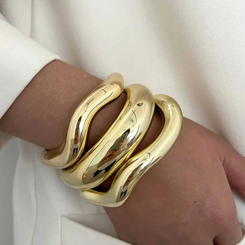 3 Pcs Vintage Hip Hop Cuff Bangles for Women Punk Gold Color Twisted Wavy Geometric Stackable Bangles Bracelet Men Party Jewelry