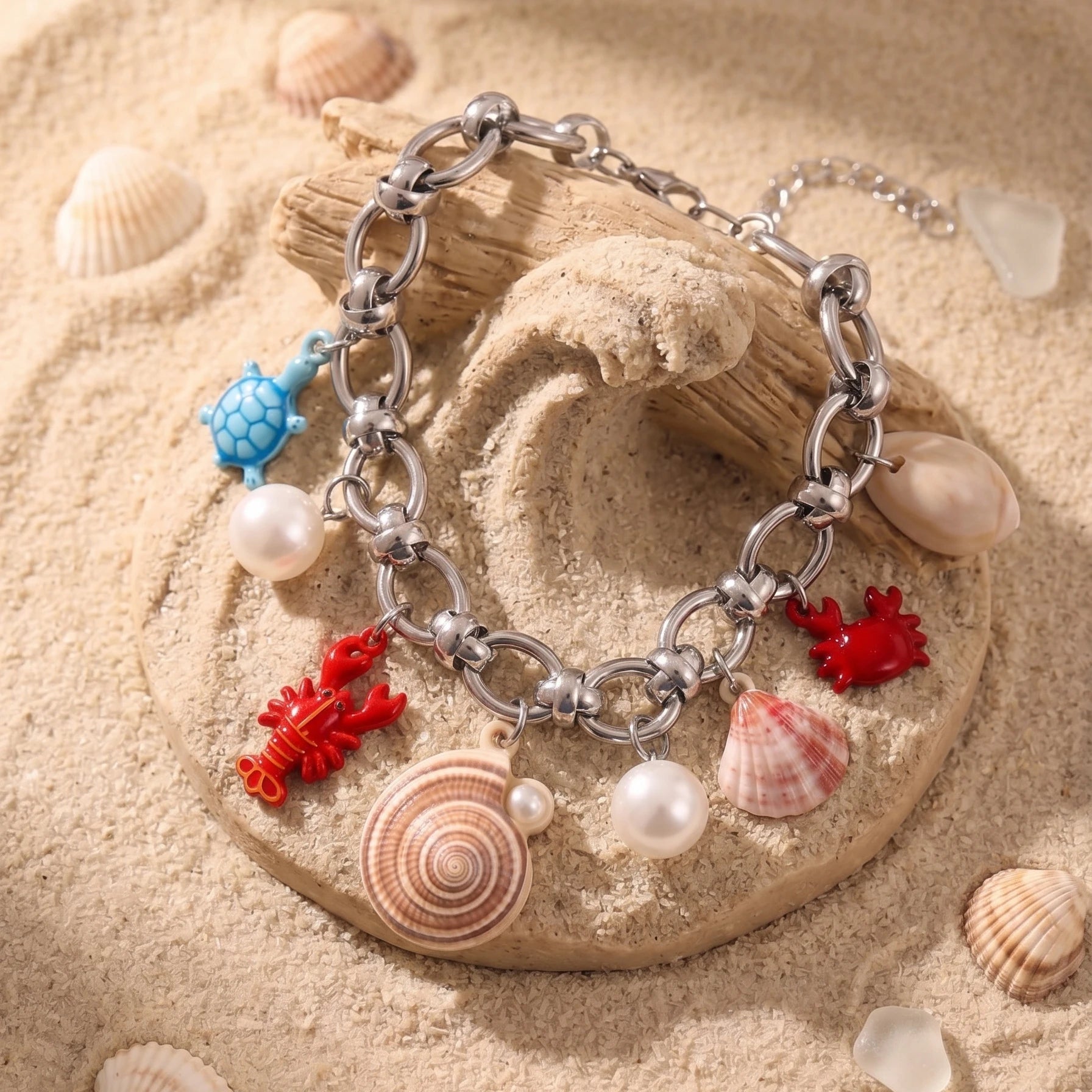 Beach Theme Bracelet for Women Multi Sea Animal Shell Pearl Charms Adjustable Extension Chain Stainless Steel Jewelry Gift
