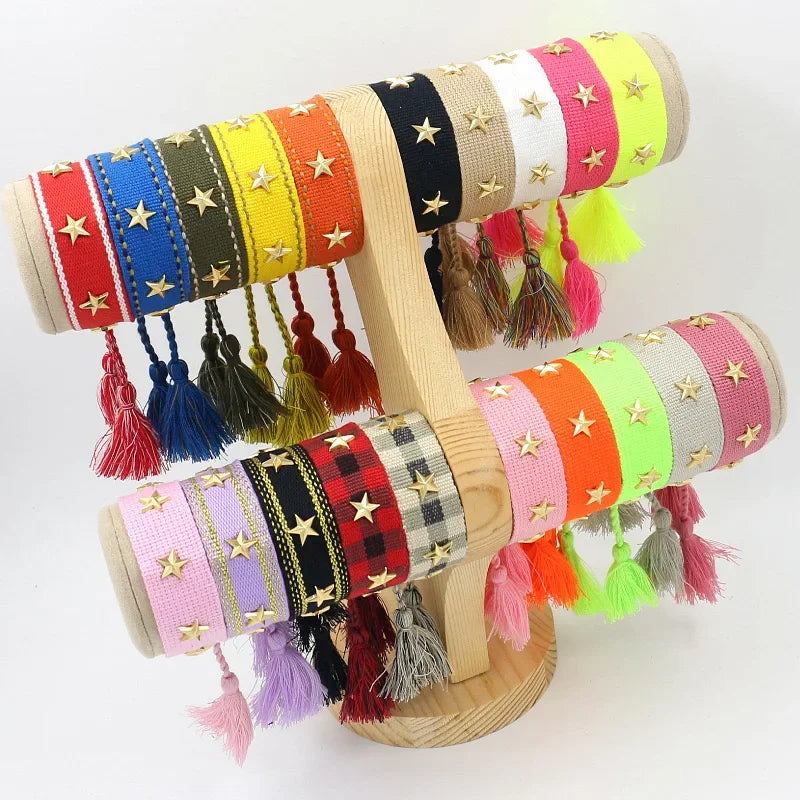 Bohemia Personality Handmade Woven Tassel Bracelet For Women Alloy Gold Color Star Rivet Wrist Starp Bracelet Fashion Jewelry