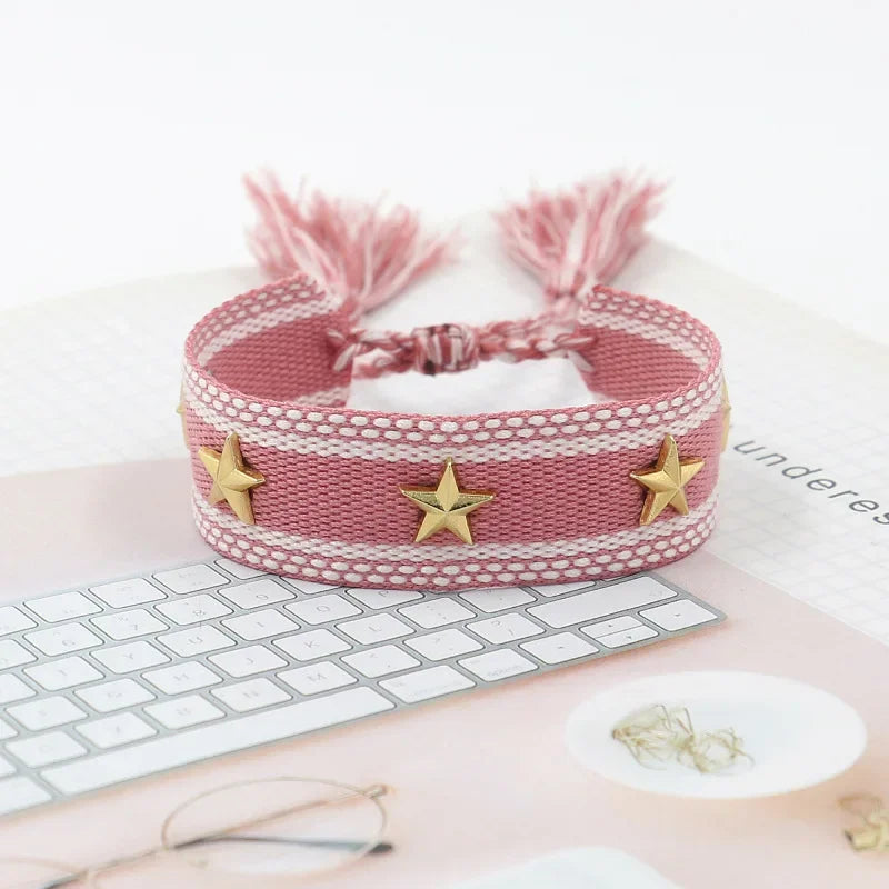 Bohemia Personality Handmade Woven Tassel Bracelet For Women Alloy Gold Color Star Rivet Wrist Starp Bracelet Fashion Jewelry