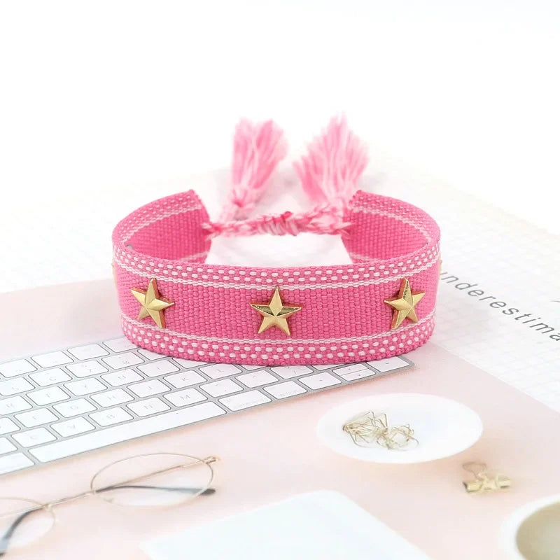 Bohemia Personality Handmade Woven Tassel Bracelet For Women Alloy Gold Color Star Rivet Wrist Starp Bracelet Fashion Jewelry