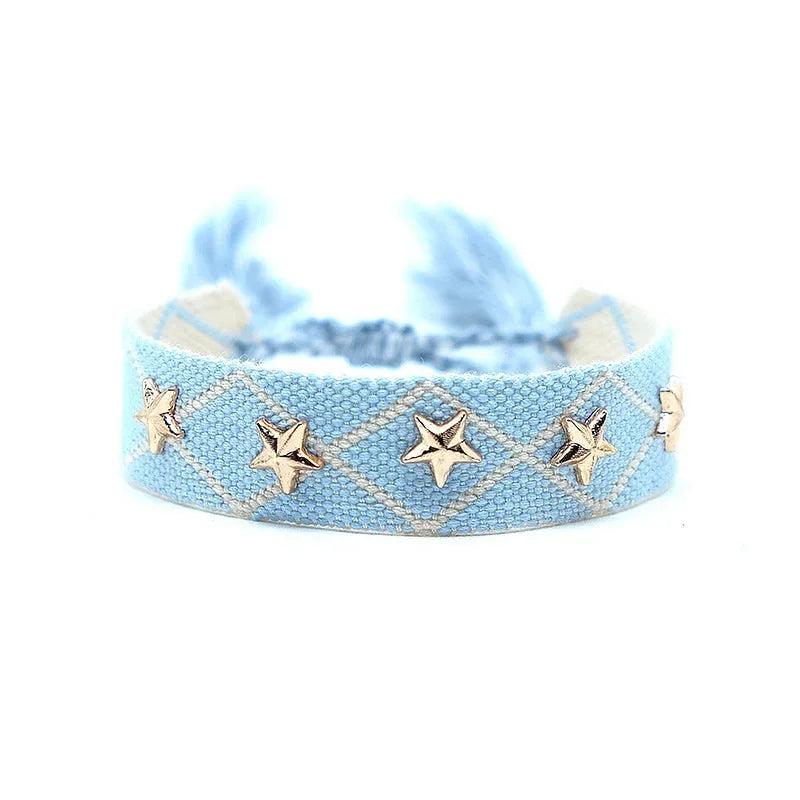 Bohemia Personality Handmade Woven Tassel Bracelet For Women Alloy Gold Color Star Rivet Wrist Starp Bracelet Fashion Jewelry