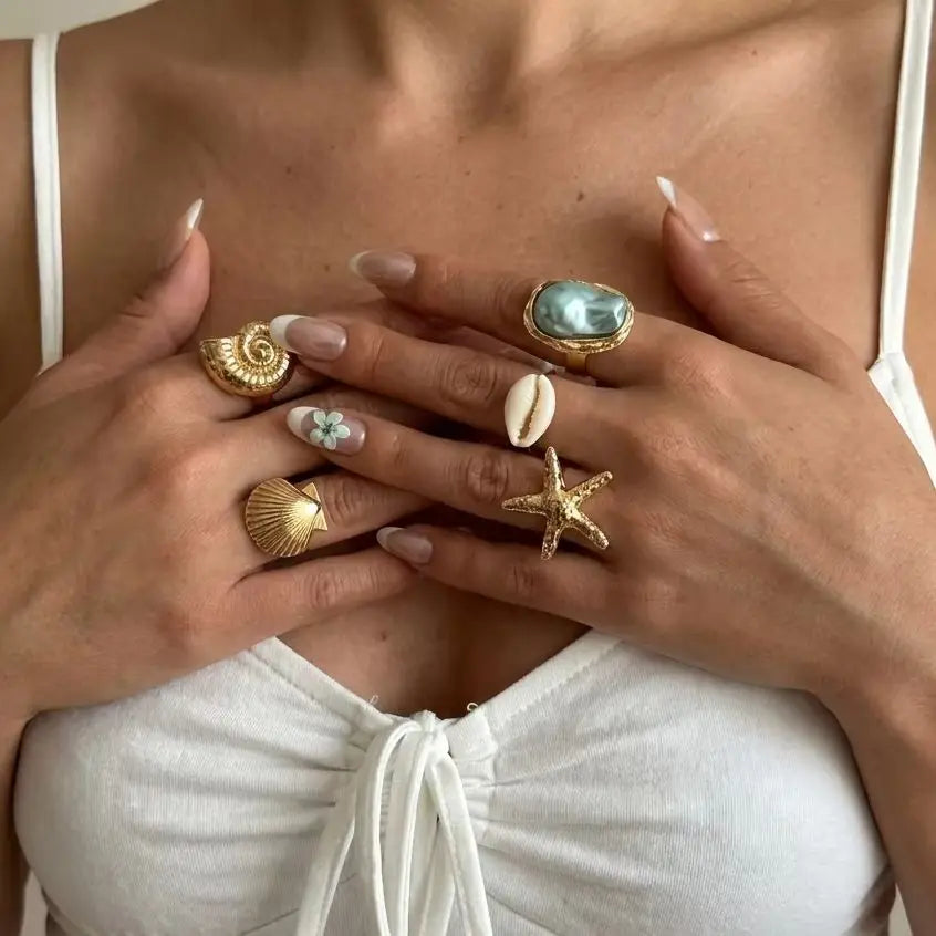 Summer Bohemian Star Shell Nautilus Ring Set Women's Layered Fashion Personality Combination Finger Ring Hand Accessory Gift