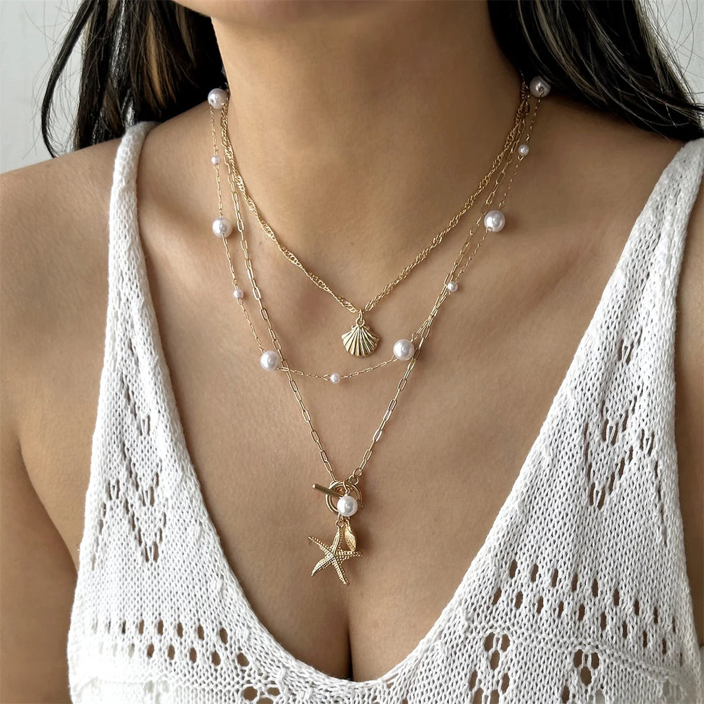 Bohemian Starfish Shell Pendant Necklace For Women Trendy Summer Beach Pearl Chain OT Buckle Choker Travel Party Jewelry