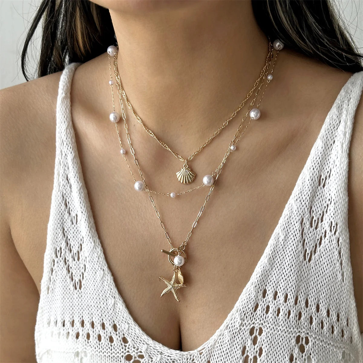 Bohemian Starfish Shell Pendant Necklace For Women Trendy Summer Beach Pearl Chain OT Buckle Choker Travel Party Jewelry
