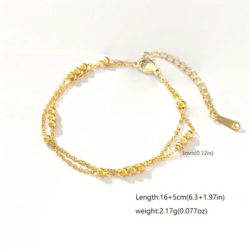 Gold Plated Bracelets Small Round Beads Bracelet, Retro Double Layer Bracelet, Stainless Steel Jewelry for Women Birthday Gift