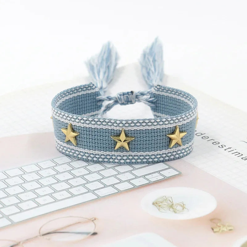 Bohemia Personality Handmade Woven Tassel Bracelet For Women Alloy Gold Color Star Rivet Wrist Starp Bracelet Fashion Jewelry