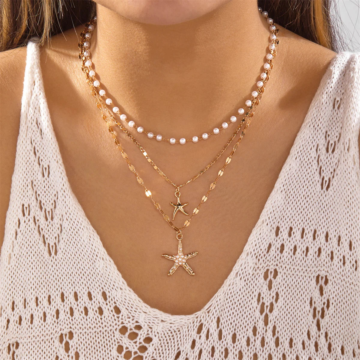 Bohemian Starfish Shell Pendant Necklace For Women Trendy Summer Beach Pearl Chain OT Buckle Choker Travel Party Jewelry
